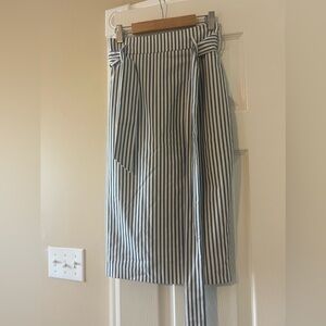 ANTONIO MELANI Navy and White Vertical Stripe Tie-Waist Pencil Skirt